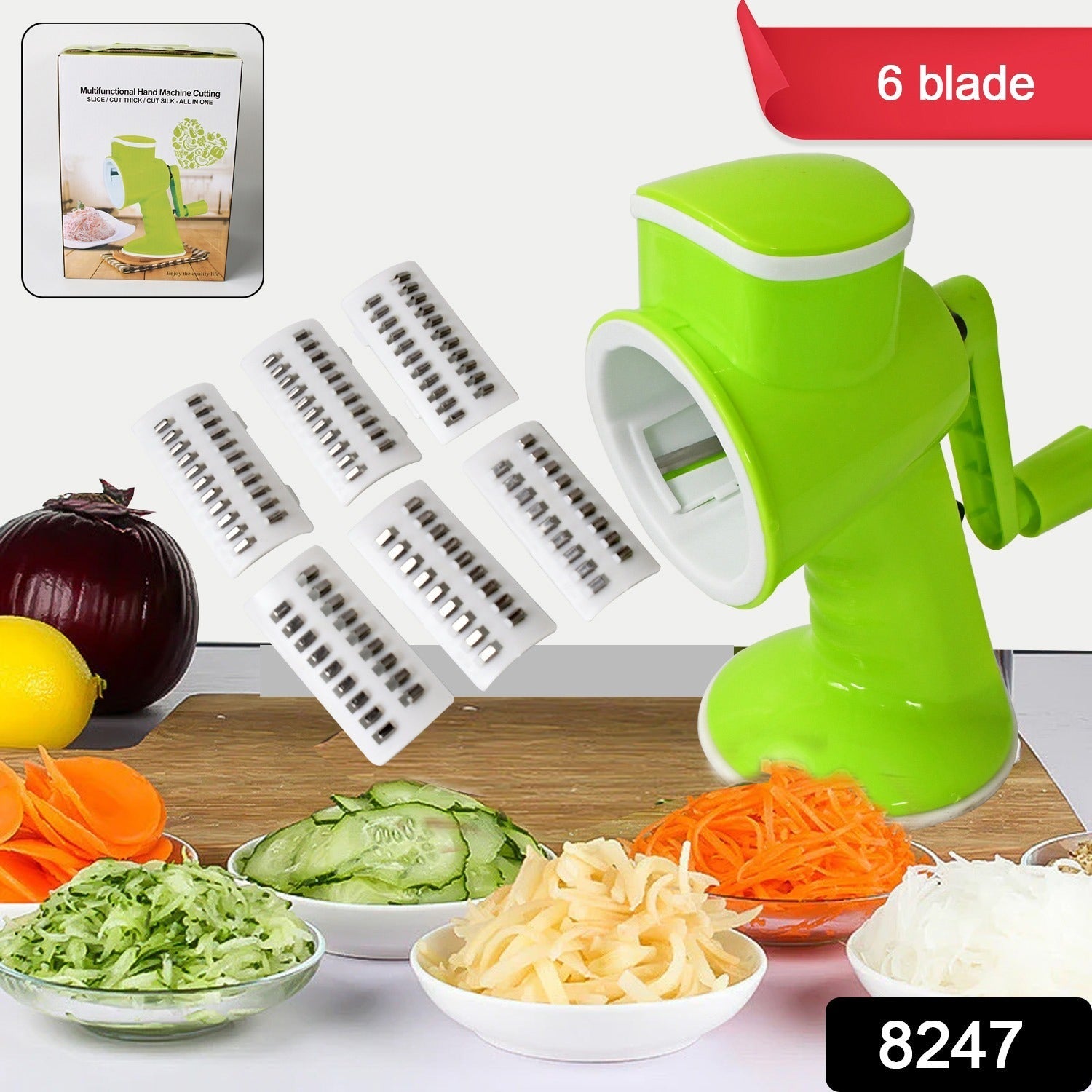 8247 6 in 1 Multi functional Vegetable Cutter & Slicer Hand Machine Cutting, Slice, Cut Thick, Cut Silk All in one βVegetable Chopper Cutter & Slicing Cutter Barrel - Vegetable Grater with 6 Removable Blades 8247 6 in 1 Multi functional Vegetable Cutter & Slicer Hand Machine Cutting, Slice, Cut Thick, Cut Silk All in one βVegetable Chopper Cutter & Slicing Cutter Barrel - Vegetable Grater with 6 Removable Blades